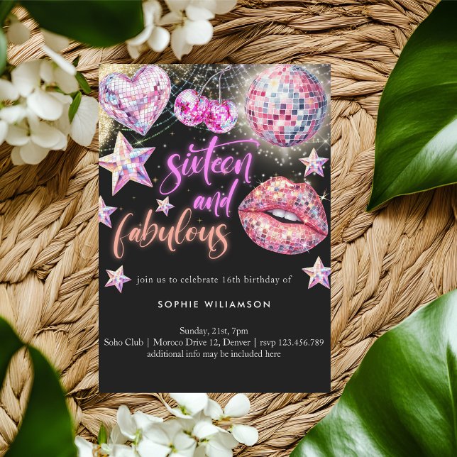 Sixteen and fabulous neon disco lights birthday  invitation (Creator Uploaded)