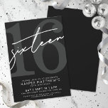 Sixteen Black  White 16th Birthday Invitation<br><div class="desc">Dark Grey and Black Sixteen Birthday Party Invitation. Celebrate turning sixteen in style with this bold, chic design. The top half features a large dark grey “16” against a solid black background, with a sassy handwritten white script “sixteen” layered over it for a striking contrast. The bottom portion continues the...</div>