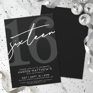 Sixteen Black  White 16th Birthday Invitation