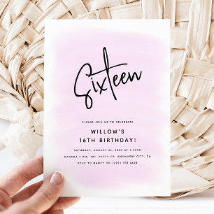 Sixteen Minimal PInk Watercolor 16th Birthday Invitation