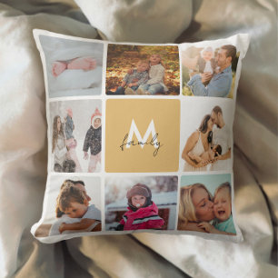 Sixteen Photo Collage Simple Monogram Family Throw Pillow
