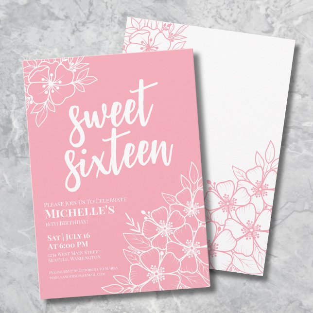 Sixteen Pink Elegant Sweet 16 Party Invitation (16th Pink Floral Sweet Sixteen Birthday Party Invitation)