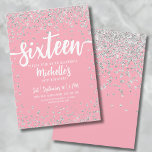 Sixteen Pink Glitter Elegant Chic Sweet 16 Invitation<br><div class="desc">Introducing a vibrant and stylish Sweet Sixteen birthday party invitation that’s perfect for celebrating 16 years old in style. This cheerful design features a mix of pink and silver glitter confetti, bringing a lively and girly vibe to the invitation. "Sweet Sixteen" is beautifully showcased in bold script at the top,...</div>