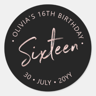 Sixteen Rose gold & Black Sweet 16 Birthday Party Classic Round Sticker
