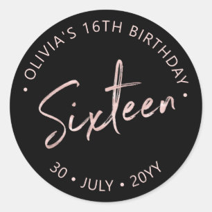 Sixteen Rose gold & Black Sweet 16 Birthday Party Classic Round Sticker