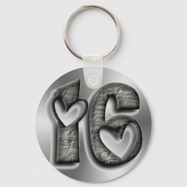 Sixteen Rustic Silver Grey Number 16 Typography Keychain (Front)