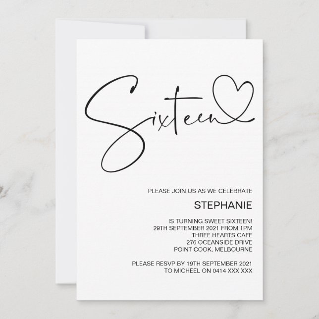 Sixteenth Birthday Party Invitations with Heart (Front)
