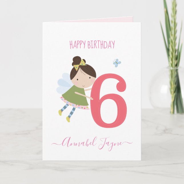 Sixth  birthday fairy, girls cute personalized card (Front)