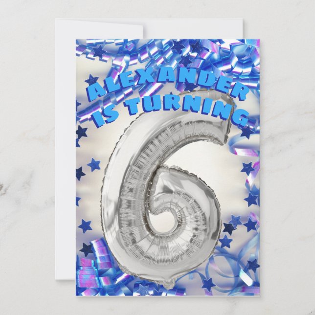 Sixth Birthday Silver and Blue Age 6 Boys Party Invitation (Front)