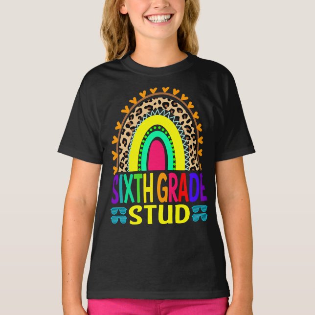 Sixth Grade Stud Rainbow Leopard Back To School  T-Shirt (Front)