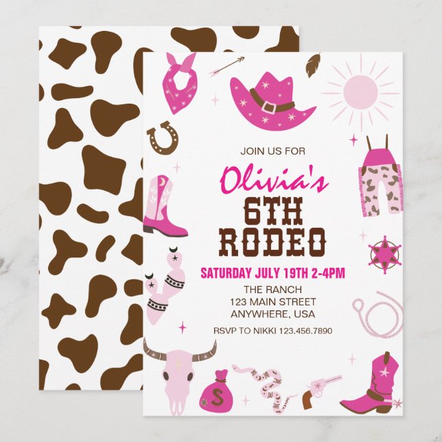 Sixth Rodeo Hot Pink Western 6th Birthday Invitation (Front/Back)
