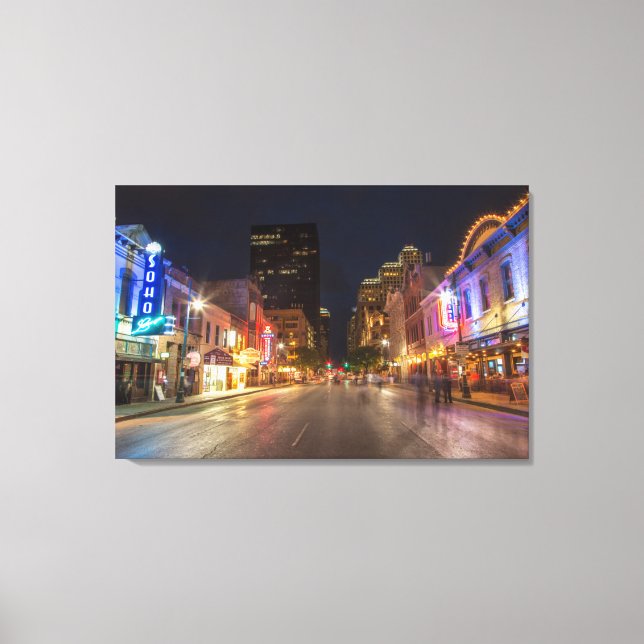 Sixth Street At Dusk In Downtown Austin, Texas Canvas Print (Front)