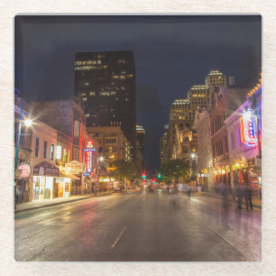 Sixth Street At Dusk In Downtown Austin, Texas Glass Coaster