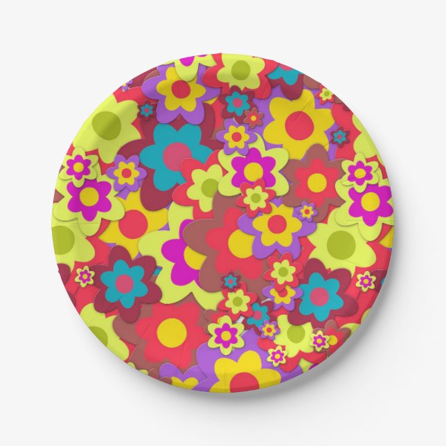 Sixties 60s hippy flower power retro party paper plate (Front)