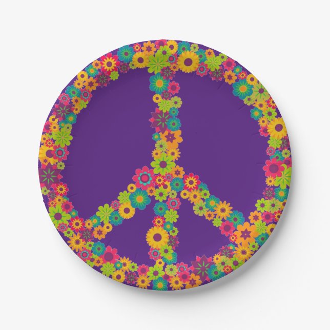 Sixties 60s hippy peace flower power retro party paper plate (Front)