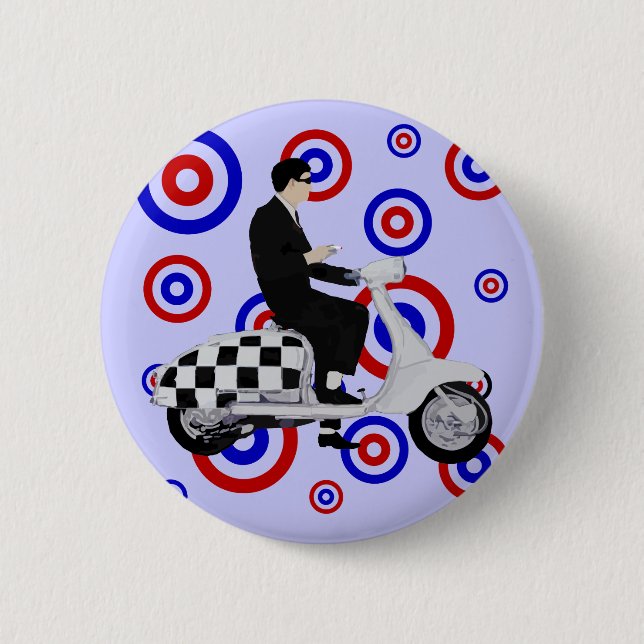 Sixties check mod scooter rider 2 inch round button (Front)