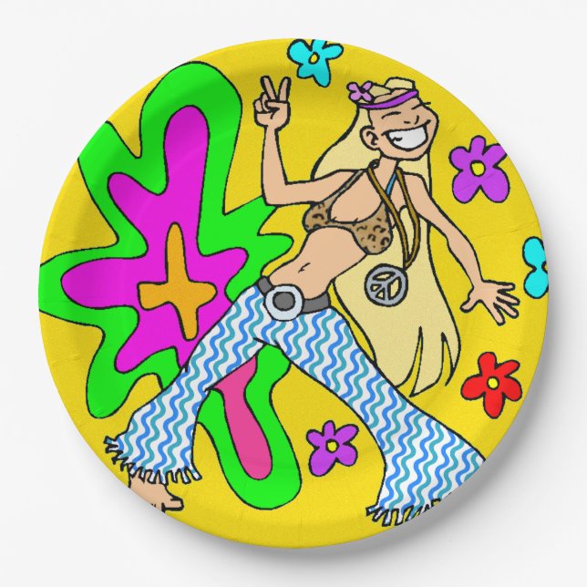 Sixties Flower Child and Peace Sign Bright Colours Paper Plate (Front)