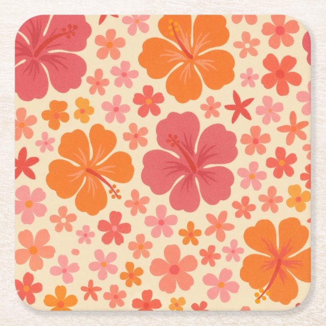 Sixties Hawaiian hibiscus pattern Square Paper Coaster (Front)