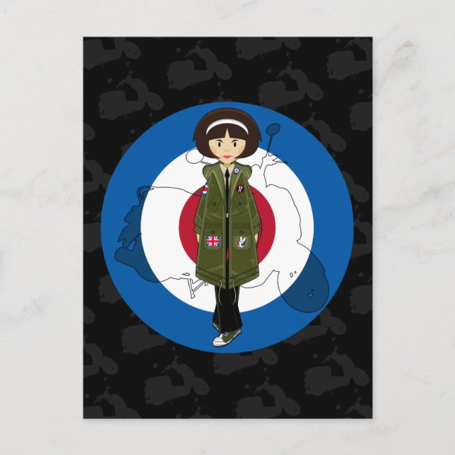 Sixties Mod Girl in Parka with Scooter Postcard (Front)