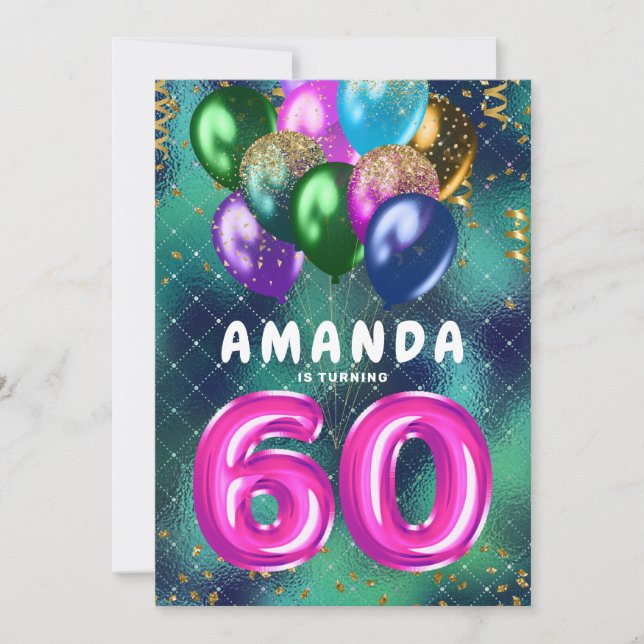 Sixtieth Birthday Colourful Pink Balloons 60th Invitation (Front)