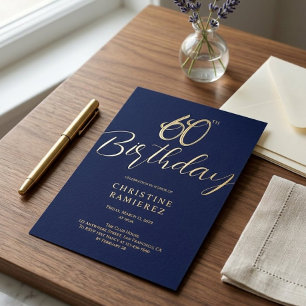 Sixtieth Birthday Party Rich Navy Blue Gold Photo Foil Holiday Card