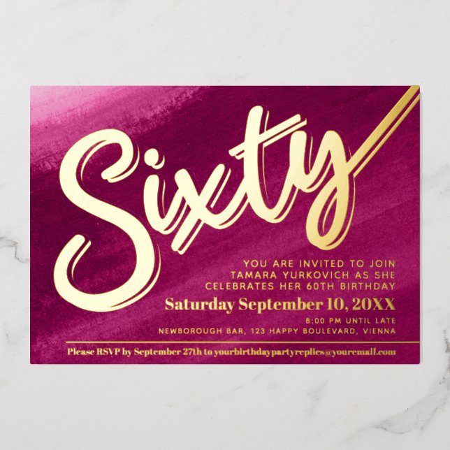 Sixty 60th Birthday party gold red pink wash (Front)