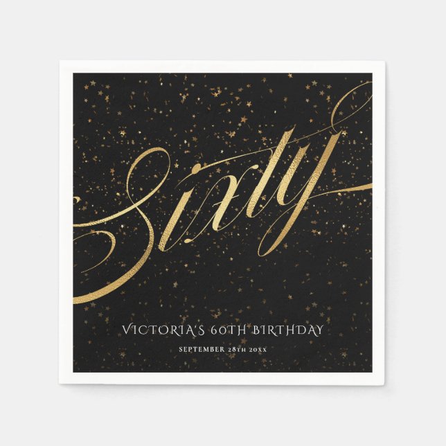 Sixty 60th Confetti Elegant Calligraphy Gold Black Napkin (Front)