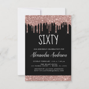 Sixty - 60th Rose Gold Black Glitter Birthday Invitation