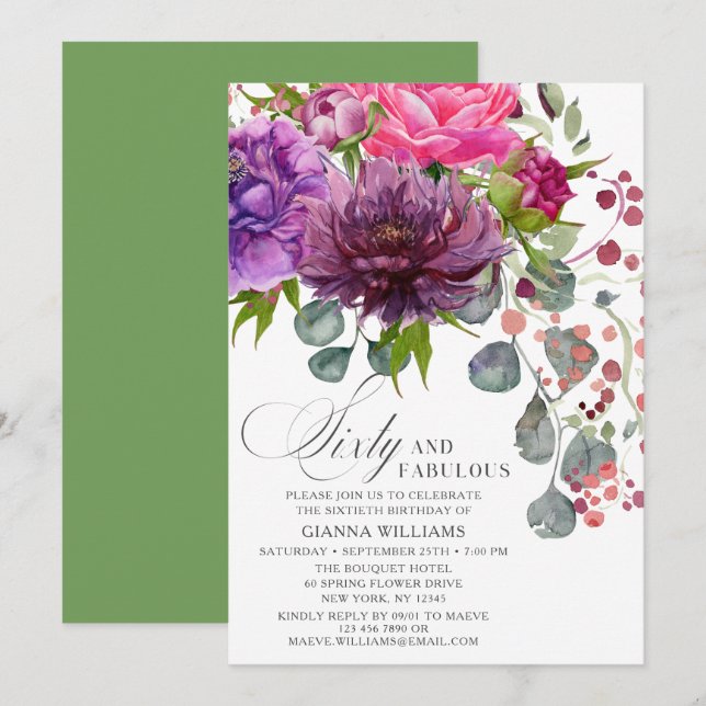 Sixty and Fabulous Elegant Floral 60th Birthday Invitation (Front/Back)