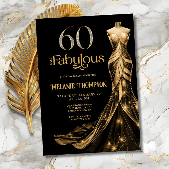 Sixty and Fabulous Gold Dress 60th Birthday Invitation (Sixty and Fabulous Black with Gold Dress Birthday Invitation, with Gold and Diamond 60.)