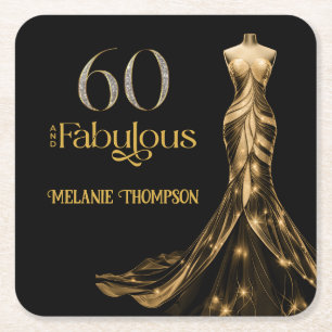 Sixty and Fabulous Gold Dress Black 60th Birthday Square Paper Coaster