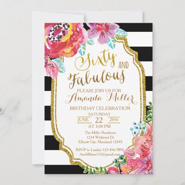 Sixty and Fabulous watercolor Birthday Invitation (Front)