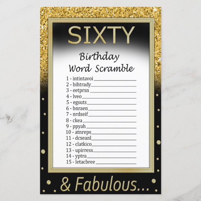 Sixty Birthday Word Scramble Game (Front)