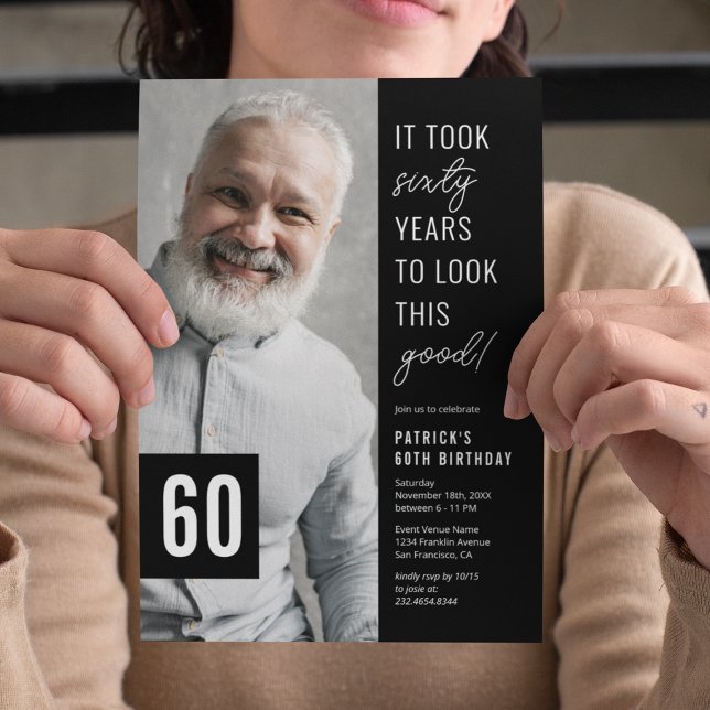 Sixty Black & White 60th Birthday Party Photo  Invitation (Creator Uploaded)