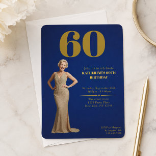 Sixty Blue Gold 60th Photo Birthday Invitation