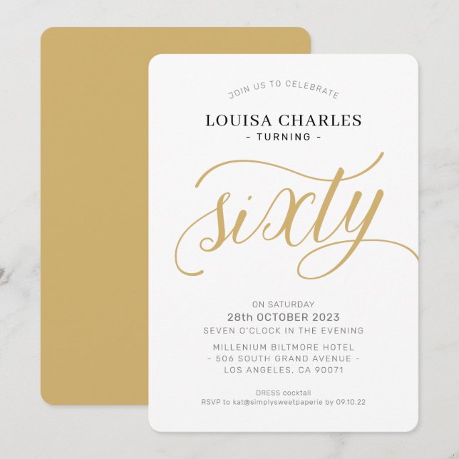 SIXTY elegant birthday chic script modern gold Invitation (Front/Back)