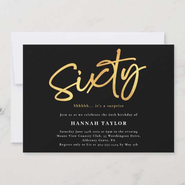 Sixty Elegant Simple Black Gold 60th Birthday Invitation (Front)