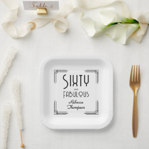 Sixty Fabulous Black White Art Deco 60th Birthday Paper Plate