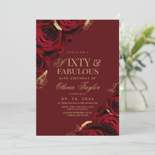 Sixty & Fabulous Burgundy Roses Birthday Invitation