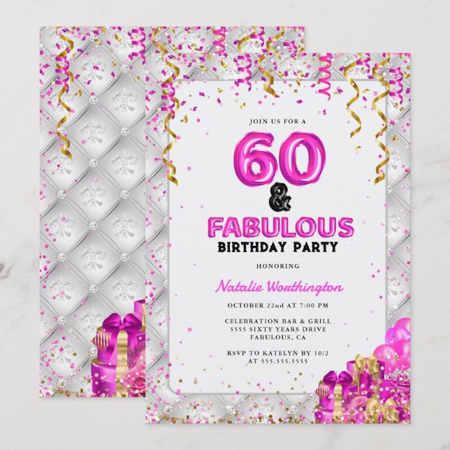Sixty Fabulous Gold Pink 60th Birthday Invitation (Front/Back)