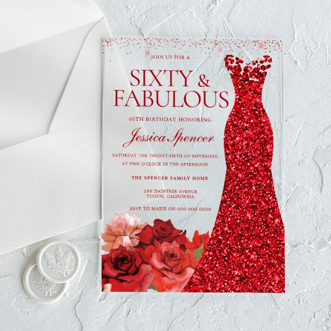 Sixty & Fabulous! Red Dress 60th Birthday Party Acrylic Invitations (Creator Uploaded)