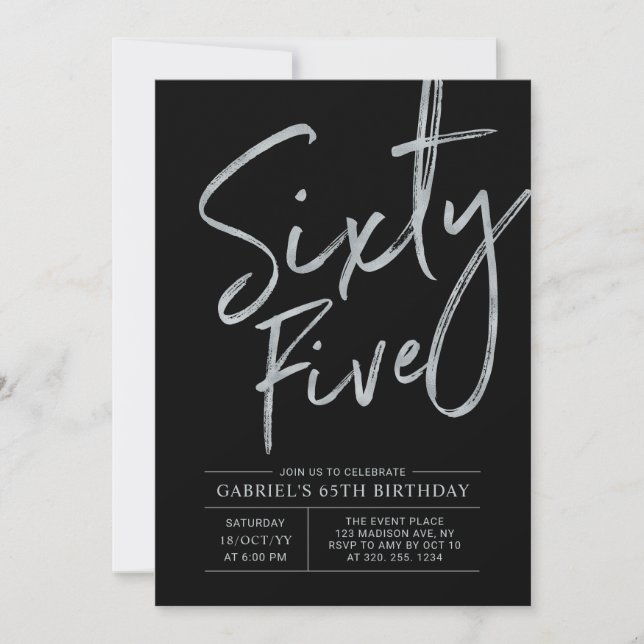 Sixty Five | Silver & Black 65th Birthday Party Invitation (Front)