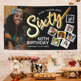 Happy 60th Birthday Banner - Black & Gold Glitter Backdrop Sign With Rope, 80x15 Inches, Reusable Party Decoration