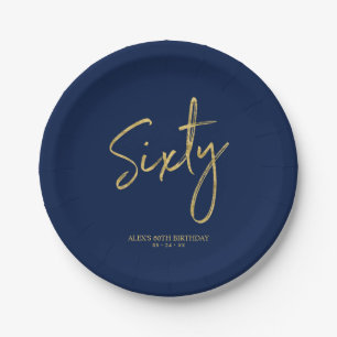 Sixty Gold & Navy Blue Lettering 60th birthday Paper Plate