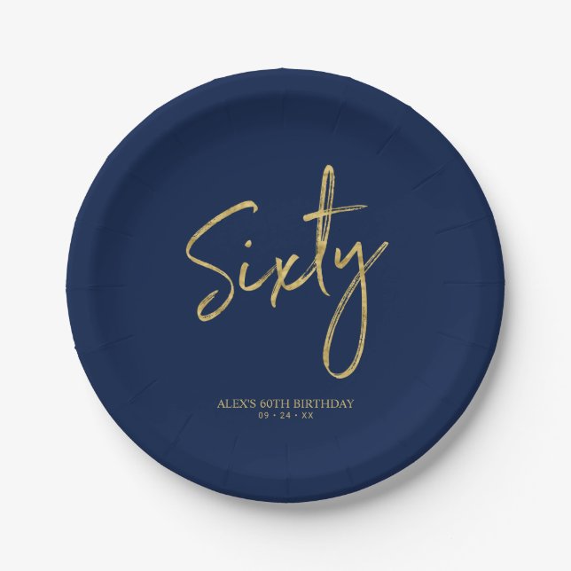 Sixty | Gold & Navy Blue Lettering 60th birthday Paper Plate (Front)