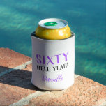 SIXTY HELL YEAH! Personalized Funny 60th Birthday  Can Cooler<br><div class="desc">Cheers to sixty! This bold and fun can cooler with “SIXTY HELL YEAH!” in striking purple and black lettering is the ultimate birthday party accessory. Personalized with a name in elegant script, it's perfect for keeping your drink chilled in style. A fantastic 60th birthday gift for her, this photo prop-ready...</div>