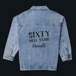 SIXTY HELL YEAH! Personalized Funny 60th Birthday  Denim Jacket<br><div class="desc">Celebrate sixty in fearless fashion with this bold “SIXTY HELL YEAH!” custom denim jacket. Featuring striking black text and a personalized name in elegant script, this jacket brings equal parts sass and style to milestone birthdays. Perfect for photo ops, parties, or just owning your moment—this is the go-to birthday gift...</div>