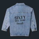SIXTY HELL YEAH! Personalized Funny 60th Birthday  Denim Jacket<br><div class="desc">Celebrate sixty in fearless fashion with this bold “SIXTY HELL YEAH!” custom denim jacket. Featuring striking black text and a personalized name in elegant script, this jacket brings equal parts sass and style to milestone birthdays. Perfect for photo ops, parties, or just owning your moment—this is the go-to birthday gift...</div>