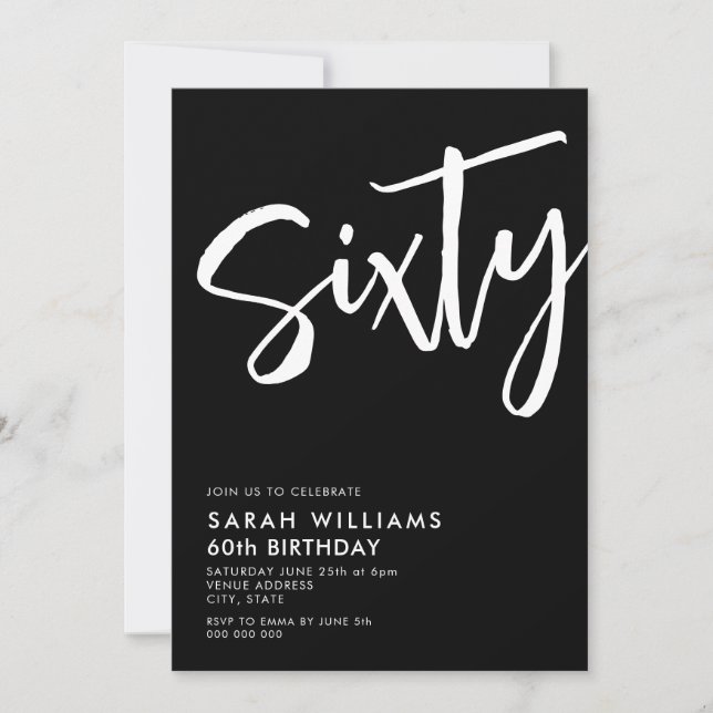 Sixty Modern Black and White 60th Birthday Invitation (Front)