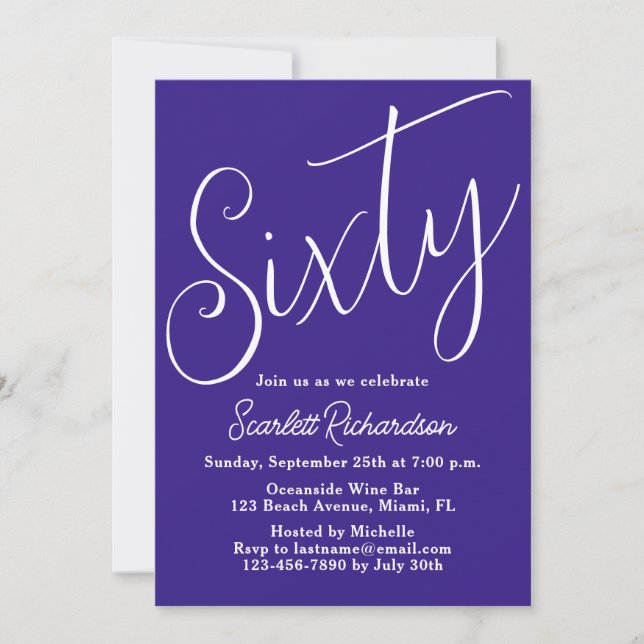 Sixty Modern Script Purple 60th Birthday Invitation (Front)